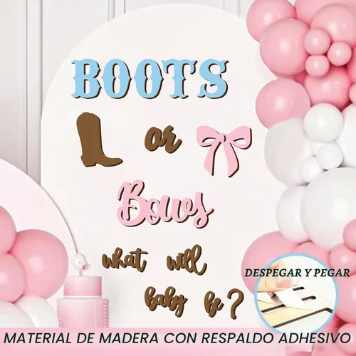 Vista 8 de Adhesivos de madera para señalización de revelación de género, arco de globos "¿Qué será el bebé?", botas o lazos, suministros de decoración