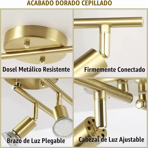 Vista 4 de Kit de iluminación LED de 4 luces, luces de techo doradas de 4 vías, cabezales de luz giratorios flexibles, accesorios de luz plegables para riel