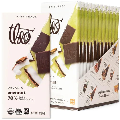 Vista 7 de Theo Barra de chocolate negro orgánico de coco y chocolate, 70% cacao, paquete de 12 Vegano, comercio justo
