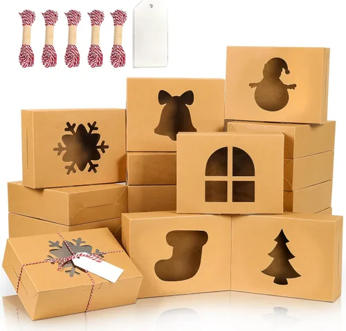 Vista 12 de 24 piezas Cajas de pastelería marrones con ventana, cajas de galletas de Navidad pequeñas de 4x4x2.5 pulgadas, cajas de regalo de Navidad