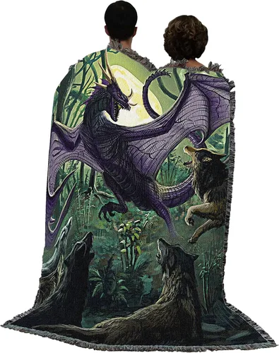 Vista 3 de Pure Country Weavers Manta de dragón y lobos, tapiz de regalo de fantasía tejida de algodón, fabricada en los Estados Unidos (72 x 54 pulgadas)