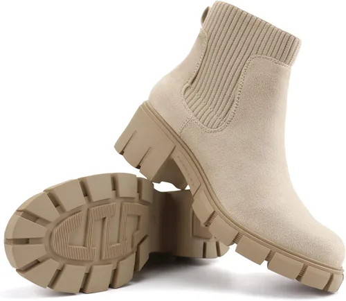 Vista 6 de JABASIC Botas de tobillo gruesas para mujer, botas Chelsea elásticas