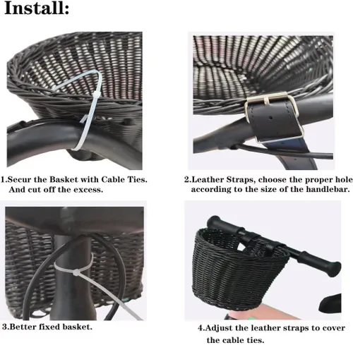 Vista 7 de Cesta para bicicleta, cesta de almacenamiento frontal para manillar con correas de cuero ajustables, accesorios de bicicleta, tejida a mano
