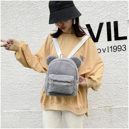 Vista 2 de Mochila mullida de oso lindo para niñas, kawaii suave, peluda, casual, mini mochila de felpa para la vuelta a la escuela, regalos para niñas, gris