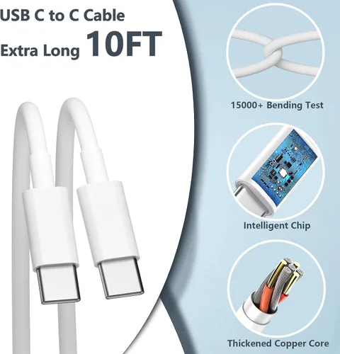 Vista 7 de Cargador de carga rápida de 10 pies para iPhone 17, 16, 15, cable largo USB C a C con bloque de carga rápida de teléfono tipo C de 20 W para iPhone