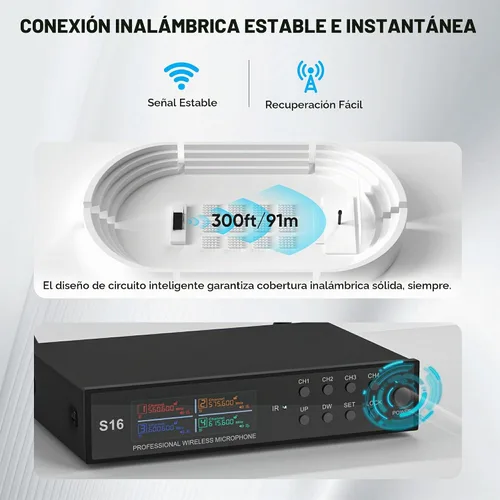 Vista 6 de Sistema de micrófono inalámbrico de solapa con auriculares y micrófonos Lavalier, juego de micrófonos UHF Pro de 4 canales con transmisor de paquete