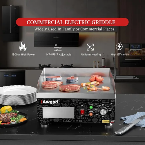 Vista 6 de Plancha eléctrica comercial de 14 pulgadas, plancha eléctrica de encimera plana, parrilla eléctrica superior plana de 110 V 1800 W, parrilla