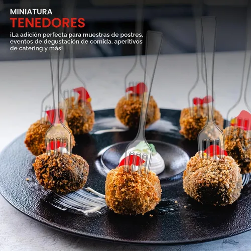 Vista 6 de Mini tenedores transparentes de 4 pulgadas (100 unidades) desechables de plástico para aperitivos para hora de cóctel, tenedores de postre