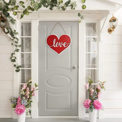 Vista 3 de Letrero colgante de madera 3D para decoración de puerta de San Valentín Corazón rojo para decoraciones de San Valentín o decoración de pared