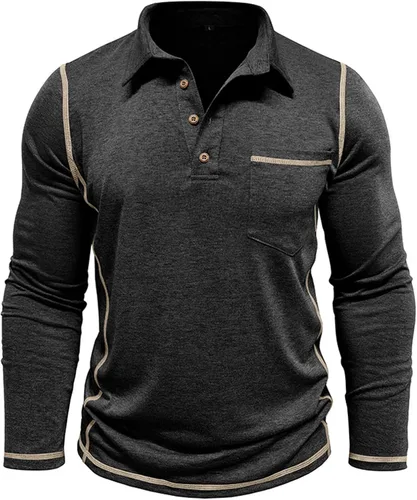 Vista 3 de Polo para hombre, manga larga, cuello clásico, algodón, botón básico, elegante, con bolsillo en el pecho