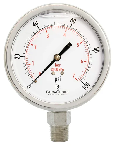 Vista 9 de Medidor de presión de acero inoxidable lleno de aceite de 4" - 1/2" NPT montaje inferior 30 PSI