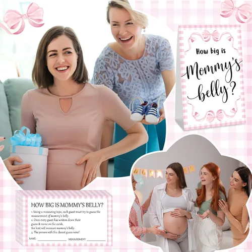Vista 31 de Sabary 64 Piezas Juegos de Baby Shower Incluyen Letrero How Big is Mommy's Belly Sign Measure Bump Game 50 Tarjetas 10 Lápices 3 Cintas Métricas