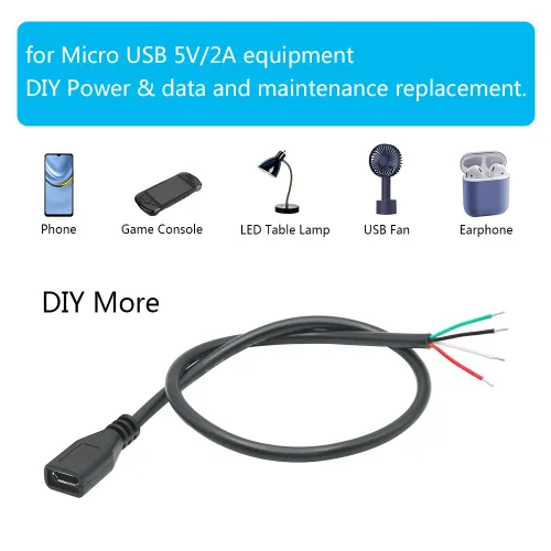 Vista 6 de Cable corto micro USB hembra de 4 pines de 11 pulgadas, 24AWG USB 5V/2A 4 pines Pigtail Cable de alimentación y datos de extremo abierto