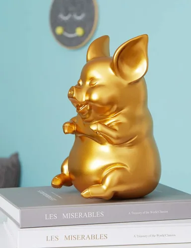 Vista 8 de HAUCOZE Alcancía para monedas, estatua de cerdo, escultura moderna, decoración del hogar, dormitorio, arte, regalo, poliresina, oro, 8.3 pulgadas