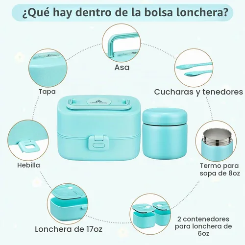 Vista 6 de Lonchera Bento para niños con termo de sopa de 8 onzas, 2 recipientes de alimentos a prueba de fugas, una bolsa de almuerzo, tarro de comida