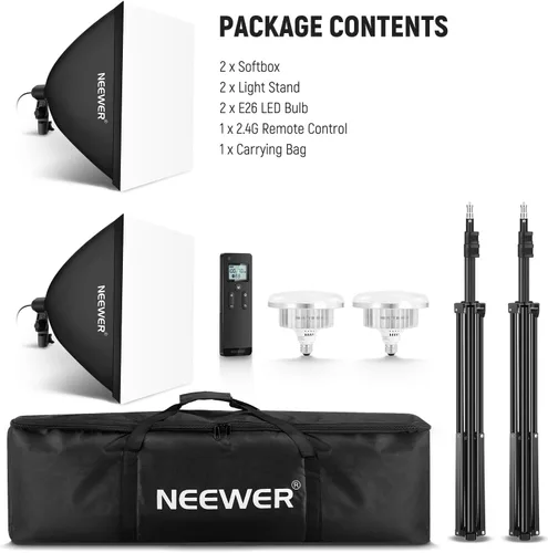 Vista 9 de NEEWER Kit de iluminación de caja de luz equivalente a 900 W de 24 x 24 pulgadas con soportes de trípode, bombillas LED bicolor de 45 W de 2.4 G