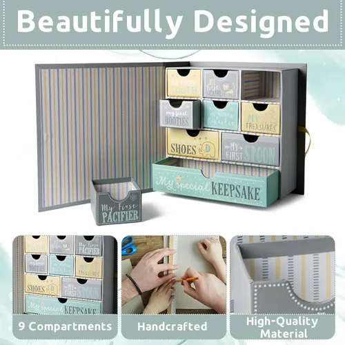 Vista 2 de Votum Caja de Recuerdos para Bebé para Memorias Preciadas, Luna y Estrellas - Ligera, Cajas para Bebé Hechas a Mano con 9 Compartimentos Etiquetados