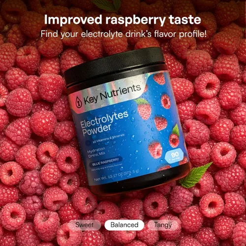 Vista 3 de KEY NUTRIENTS Electrolitos multivitamínicos en polvo sin azúcar - Polvo de electrolito de frambuesa azul dulce - Suplemento de resistencia y energía