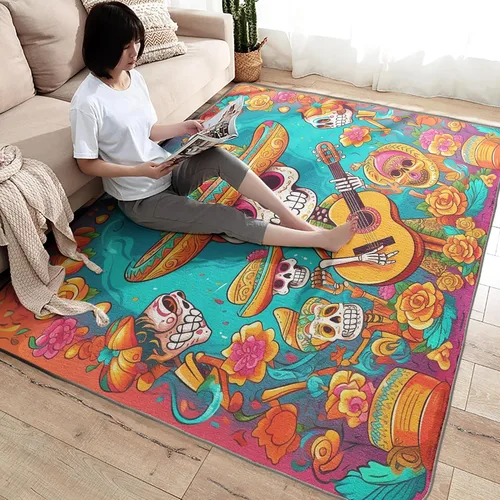 Vista 4 de Alfombra de Día de los Muertos de 2 x 3 pies, alfombra mexicana para entrada, alfombra de día de los muertos, decoración de habitación de niños