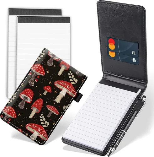 Vista 21 de Juego de 4 mini bloc de notas de bolsillo, diseño de corazón de dinosaurio, funda de piel sintética, soporte para notas con 2 ranuras para tarjetas