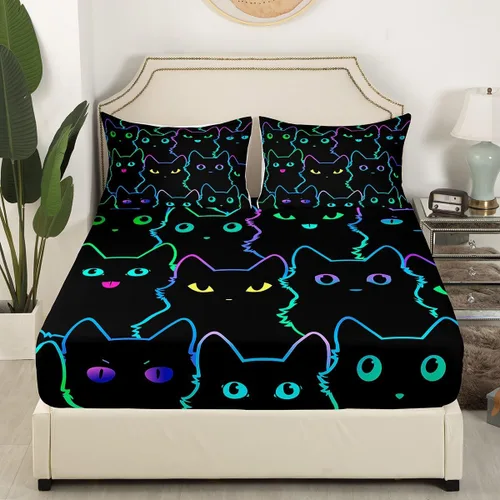 Vista 3 de Erosebridal Juego de ropa de cama para niños, sábanas kawaii con diseño de gato, tamaño individual, juego de cama de 3 piezas con 1 sábana bajera, 1