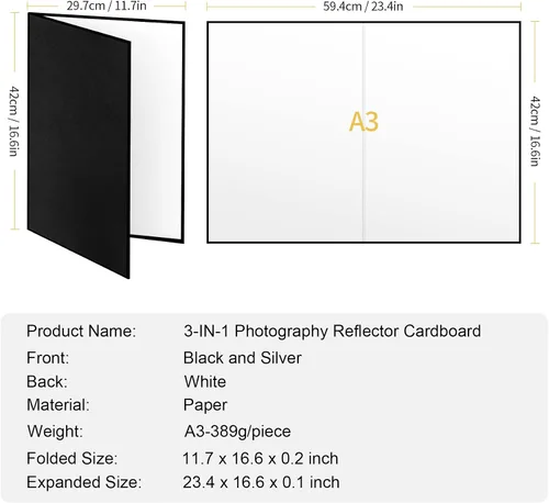 Vista 4 de Meking Cartón reflector de fotografía 3 en 1, 17"x12"/42x30cm, tablero difusor de luz plegable A3 para bodegón, fotografía de productos y alimentos