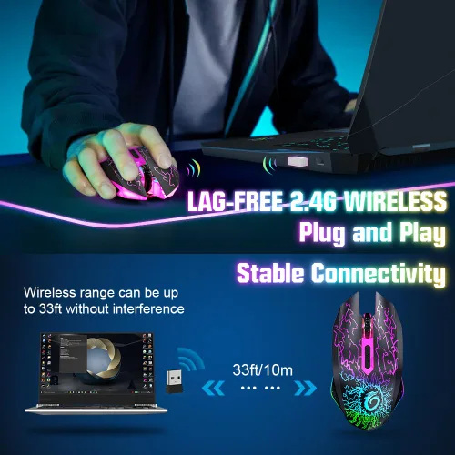 Vista 3 de VersionTECH. Ratón inalámbrico para juegos, recargable, con luces LED coloridas, clic silencioso, receptor USB nano 2.4G, 3 niveles de DPI para PC