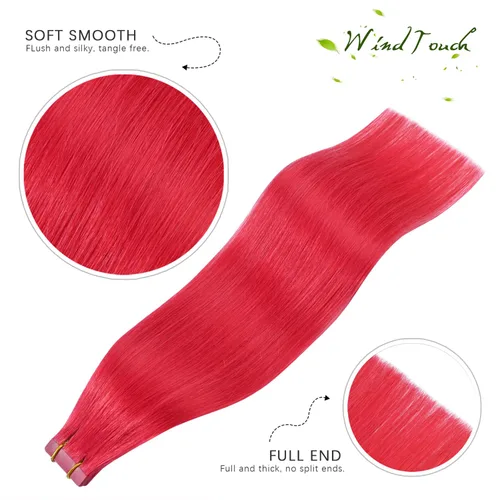 Vista 4 de WindTouch Extensiones de cabello humano con cinta adhesiva, color rojo, 20 unidades, 14 pulgadas, #rojo, 1.06 oz