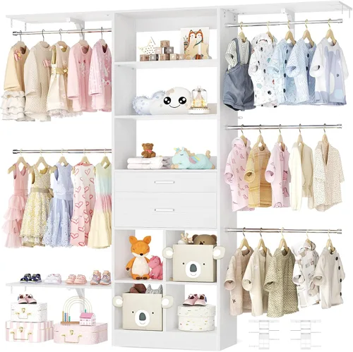 Vista 13 de Sistema de armario pequeño de 5 pies, sistema organizador de armario para bebés con cajones de madera, sistema de vestidor de 60 pulgadas con 5