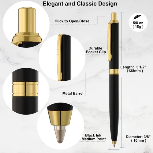 Vista 3 de LINFANC - 4 bolígrafos de paquete, bolígrafo de bola retráctil de metal premium, negro mate con ribete dorado, bolígrafo de punta media de 1.0mm