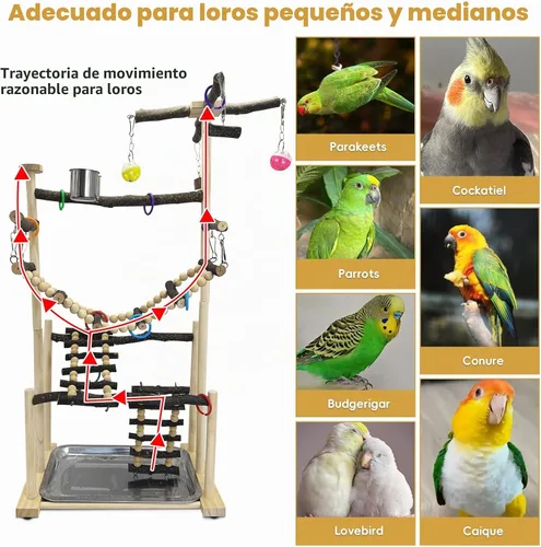 Vista 3 de kathson Parque infantil grande para pájaros, perca de madera natural, 4 capas, centro de actividades con perchas, escalera, juguetes para masticar