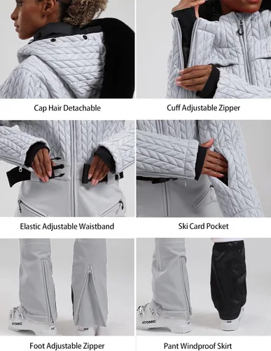 Vista 53 de GSOU SNOW Traje de esquí para mujer, traje de nieve delgado de una pieza, chaqueta de nieve, impermeable, resistente al viento, deportes al aire