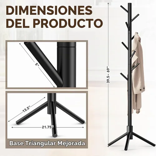 Vista 5 de Hupmad Perchero de árbol de madera, perchero resistente independiente con 8 ganchos, 3 alturas ajustables para niños y adultos, perchero de madera
