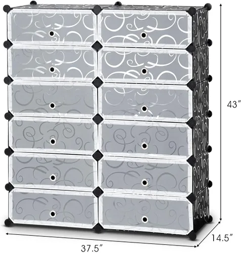 Vista 3 de HAPPYGRILL Organizador de zapatos, armario modular de plástico de 12 cubos con estantes de zapatos de 6 niveles y puertas transparentes, diseño