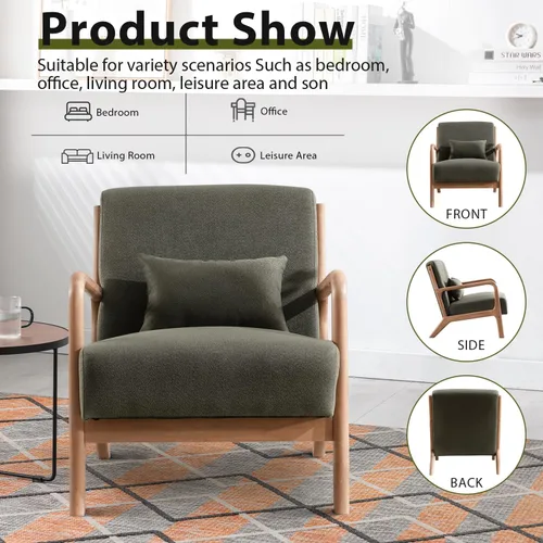 Vista 6 de INZOY Silla con acento moderno de mediados de siglo con marco de madera, sillas tapizadas para sala de estar con cojín lumbar, silla de lectura