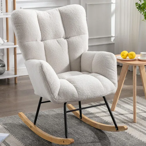 Vista 14 de Silla mecedora moderna para cuarto de bebé, silla deslizadora tapizada con respaldo alto, sillón de acento mecedor con patas de madera maciza