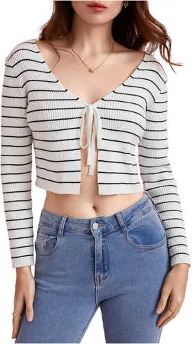 Vista 10 de Floerns Suéter de manga larga con nudo frontal, de punto acanalado, para mujer, cubre los hombros a caqui