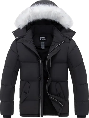 Vista 7 de Skieer Chaqueta acolchada con capucha para hombre, abrigo de invierno impermeable para exteriores, parka cálida con capucha desmontable