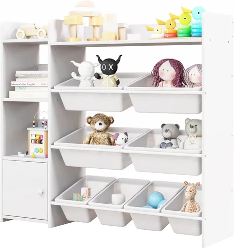 Vista 10 de GLACER Organizador de almacenamiento de juguetes para niños, estante de juguetes de 4 niveles con 8 contenedores de almacenamiento de plástico y Gris