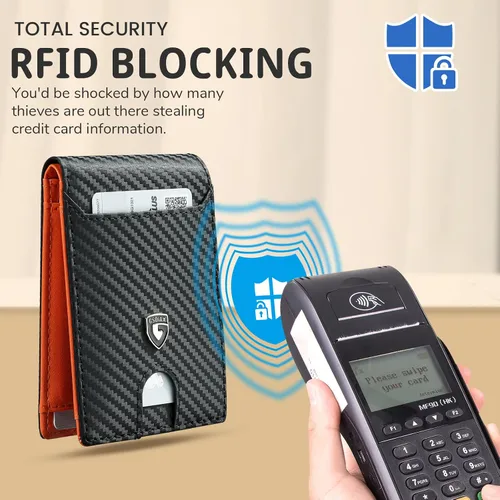 Vista 6 de GSOIAX Cartera delgada para hombre, con bloqueo RFID, billetera plegable de fibra de carbono, bolsillo frontal, con 11 tarjeteros, cartera