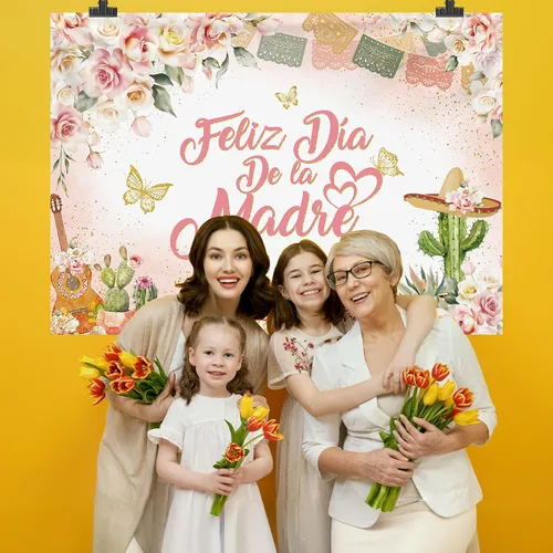 Vista 8 de MEHOFOND Fondo de feliz día de la madre, decoración mexicana para el Día de la Madre, fondo floral rosa para cabina de fotos, cartel de fiesta