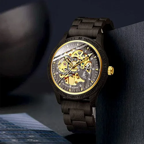 Vista 3 de IK COLOURING Relojes de lujo mecánico de madera caso esqueleto Lumious automático automático ligero cuero genuino pulsera/reloj de pulsera con banda