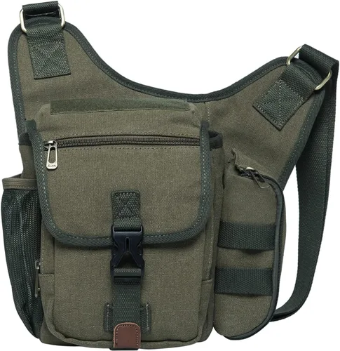Vista 16 de Bolso de mensajero de lona vintage para hombre, bolso de mensajero de retazos de cuero en el pecho