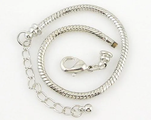 Vista 4 de RUBYCA 10 pulseras de cadena de serpiente de estilo europeo de langosta chapada en plata blanca para cuentas de 7.5 pulgadas