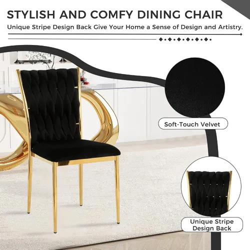 Vista 7 de Juego de 2 sillas de comedor de terciopelo, modernas sillas de cocina tejidas con patas de metal dorado, cojín tapizado con respaldo alto