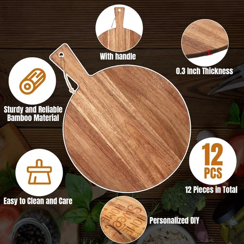 Vista 3 de Patelai Tabla de cortar redonda de madera de 12 piezas con asa para cortar pizza a granel, grabado láser, charcutería, queso, pan, tabla de cortar