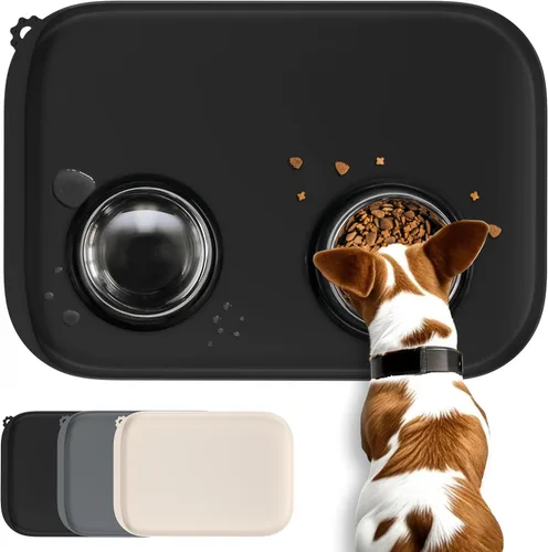 Vista 16 de Tapete de silicona para comida para perros con bolsillo lateral y agujero de gancho, bordes elevados suaves, fácil de limpiar, impermeable, Gris