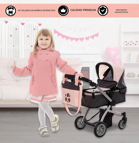 Vista 6 de Dolls To Play Cochecito Convertible de Muñeca Bebé para Niños, Mango Ajustable Carrito Buggy Plegable con Toldo y Cesta de Almacenamiento, Ruedas
