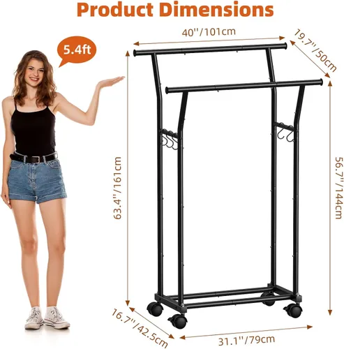 Vista 3 de Luxspire Perchero de doble barra para colgar ropa, perchero con ganchos laterales, estantes inferiores, ruedas de 360°, percheros para dormitorio