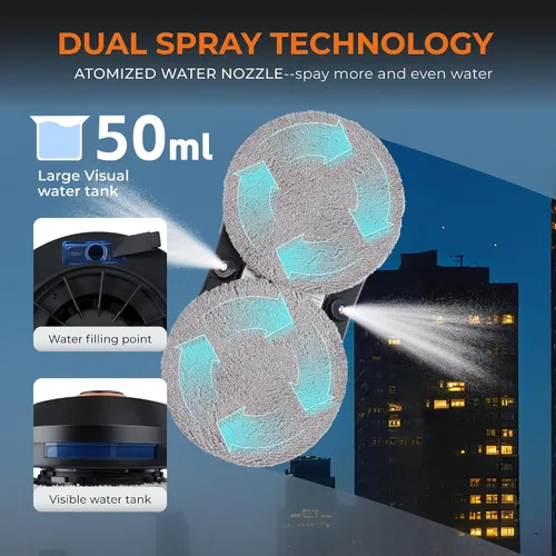 Vista 3 de FRUITEAM Robot de limpieza de ventanas con rociador de agua doble, aplicación y control remoto, limpiador automático de ventanas con cinturón